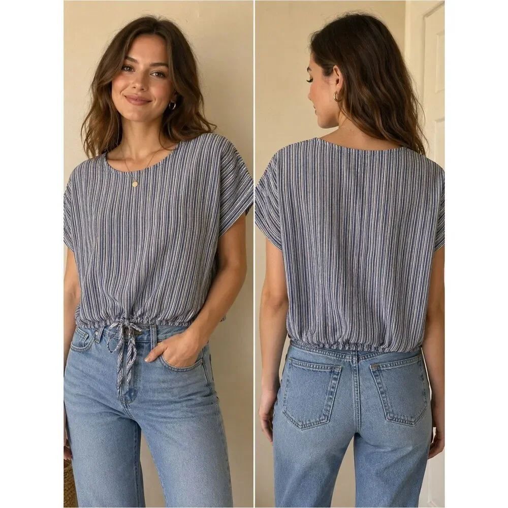 Listicle White and Blue Boxy Short Sleeve Top with Tie Front